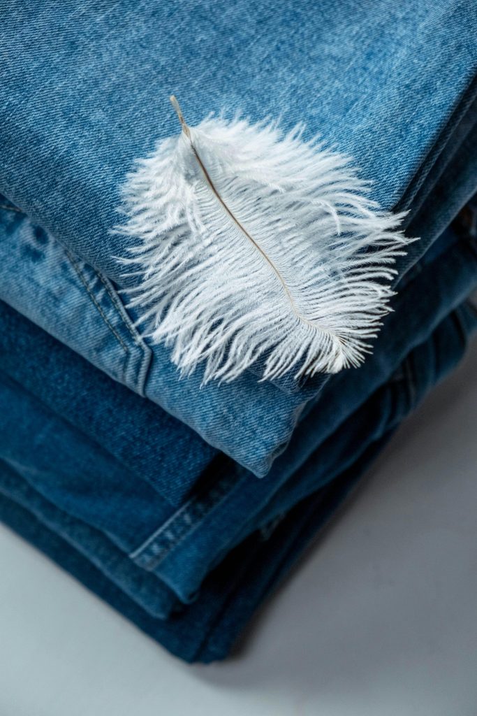 Stack of blue jeans adorned with a white feather, representing simplicity and texture.